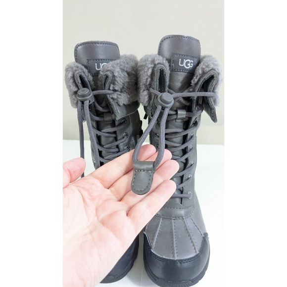 UGG Butte II Toggle Tall Gray Leather Waterproof Snow Boots US Youth Size 1 - Picture 6 of 16